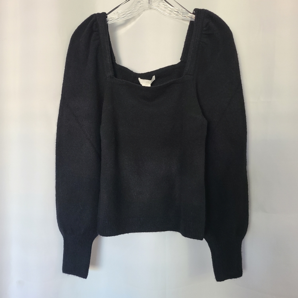 NWT H&M Sz M Black Neutral Minimalist Square Neck Balloon Puff  Sleeve Sweater